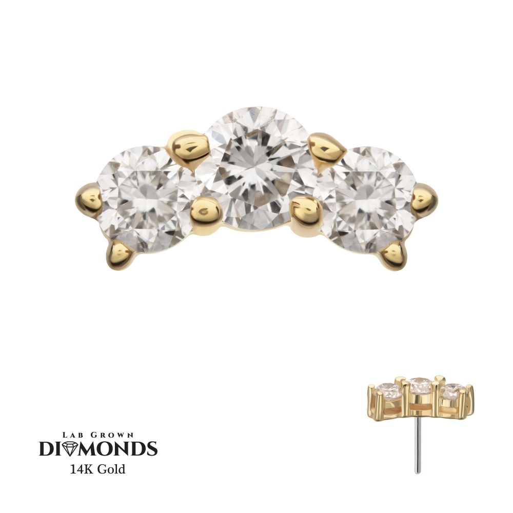 14KT YELLOW-GOLD THREADLESS CURVED BAR TOP WITH 3-CLUSTER PRONG SET LAB DIAMONDS
