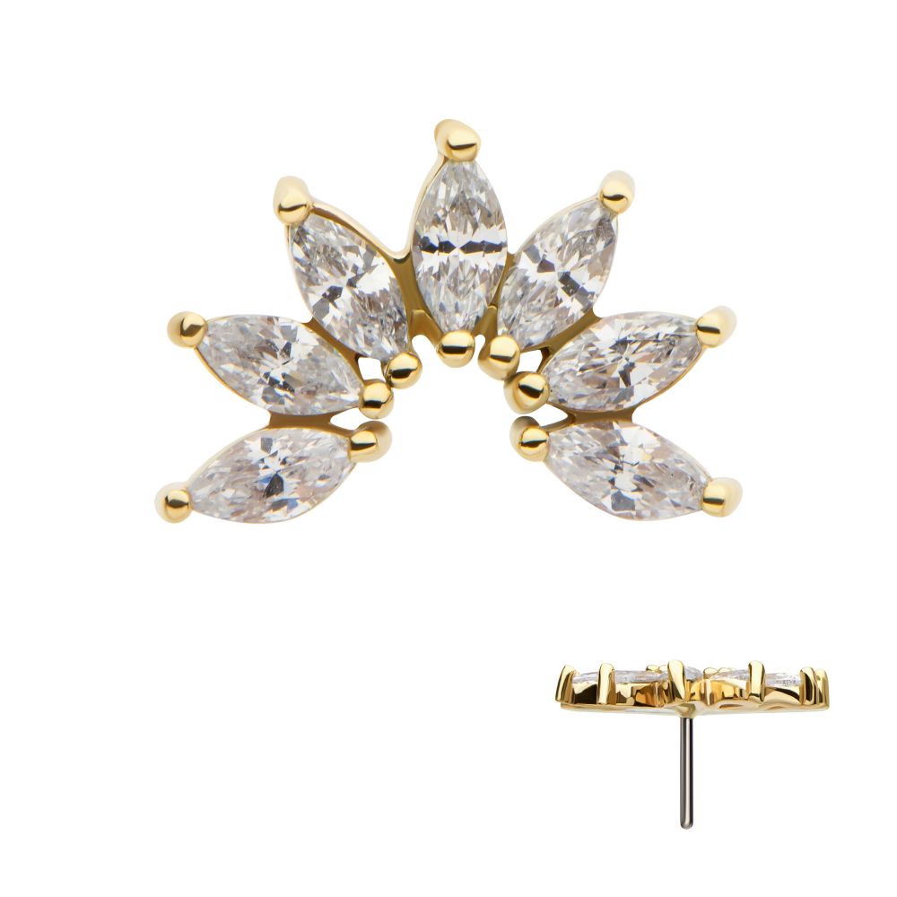 14KT YELLOW-GOLD THREADLESS PRONGED MARQUISE CZ FAN SHAPE CLUSTER TOP