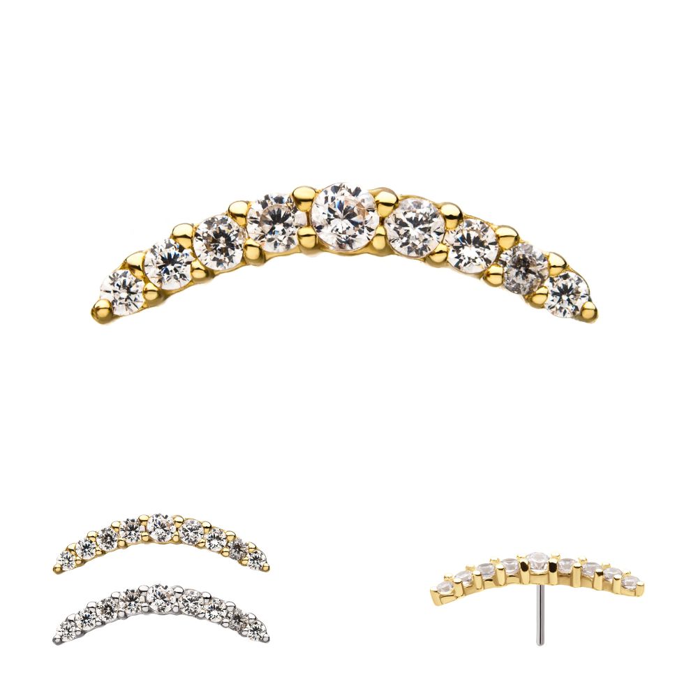 14KT GOLD THREADLESS CURVED BAR TOP WITH 9 PRONG SET GEM CLUSTER