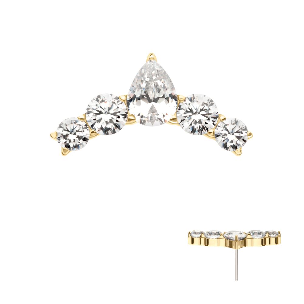 14KT YELLOW THREADLESS CURVED BAR TOP WITH 5-CLUSTER ROUND & TEARDROP GEMSTONES