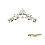 14KT YELLOW THREADLESS CURVED BAR TOP WITH 5-CLUSTER ROUND & TEARDROP GEMSTONES