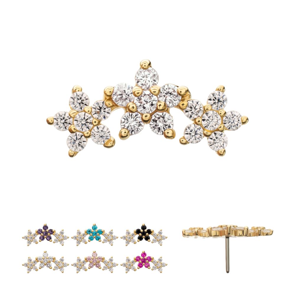 14KT YELLOW GOLD THREADLESS 6-PRONG GEM CLUSTER TRI-FLOWER TOP