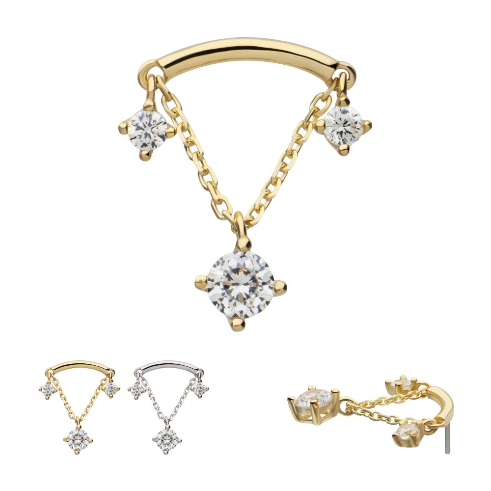 14KT GOLD THREADLESS CURVE BAR TOP WITH PRONG SET GEM & CHAIN DANGLE