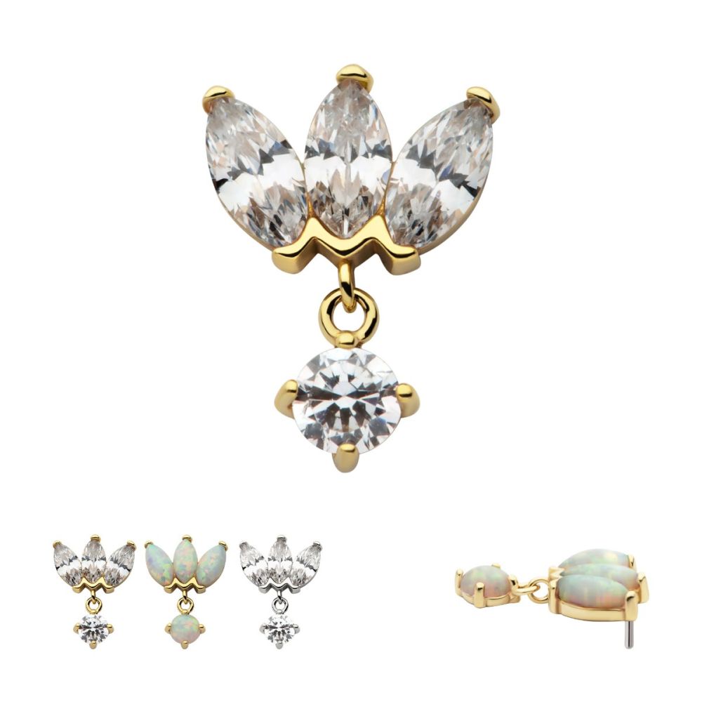 14KT GOLD THREADLESS 3 CLUSTER FAN SHAPE MARQUISE CZ/OPAL TOP WITH DANGLE PRONG SET CZ/OPAL