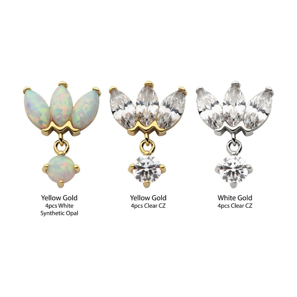14KT GOLD THREADLESS 3 CLUSTER FAN SHAPE MARQUISE CZ/OPAL TOP WITH DANGLE PRONG SET CZ/OPAL