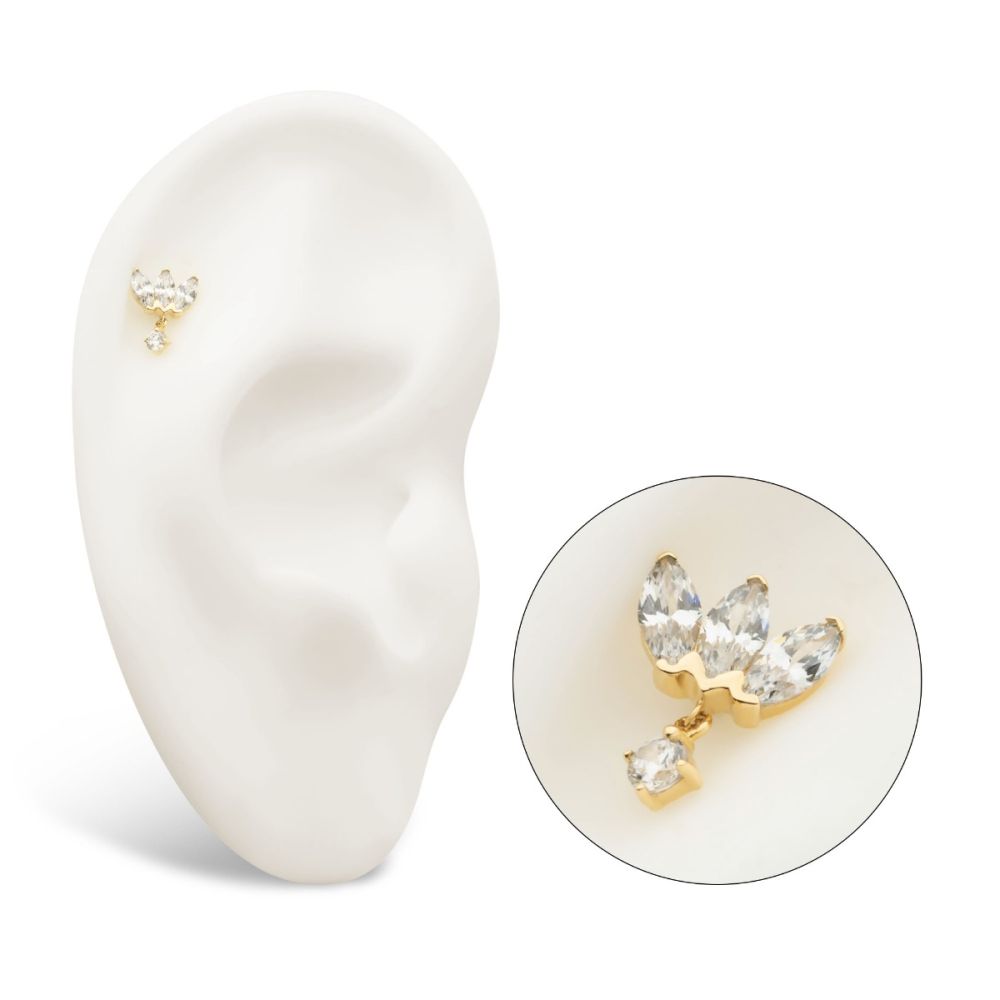 14KT GOLD THREADLESS 3 CLUSTER FAN SHAPE MARQUISE CZ/OPAL TOP WITH DANGLE PRONG SET CZ/OPAL