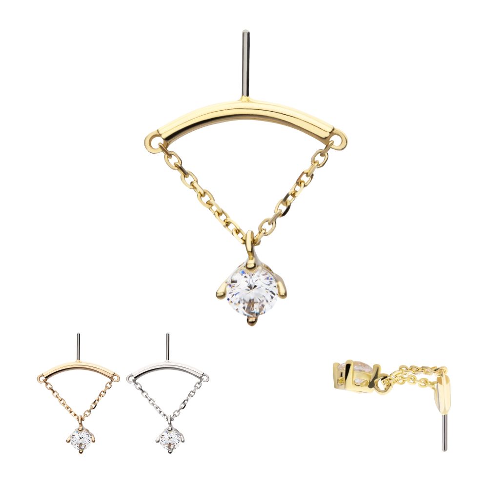 14KT GOLD THREADLESS VERTICAL HELIX CURVED BAR TOP WITH GEM CHAIN DANGLE