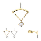 14KT GOLD THREADLESS VERTICAL HELIX CURVED BAR TOP WITH GEM CHAIN DANGLE
