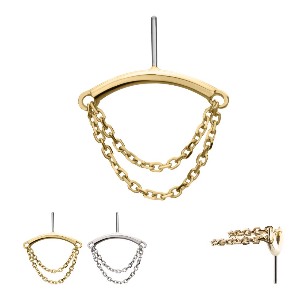 14KT GOLD THREADLESS VERTICAL HELIX CURVED BAR TOP WITH 2-TIER CHAIN DANGLE