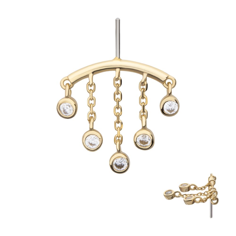 14KT YELLOW GOLD THREADLESS HIDDEN HELIX CURVED BAR TOP WITH 5-CHAIN & BEZEL SET GEM DANGLE