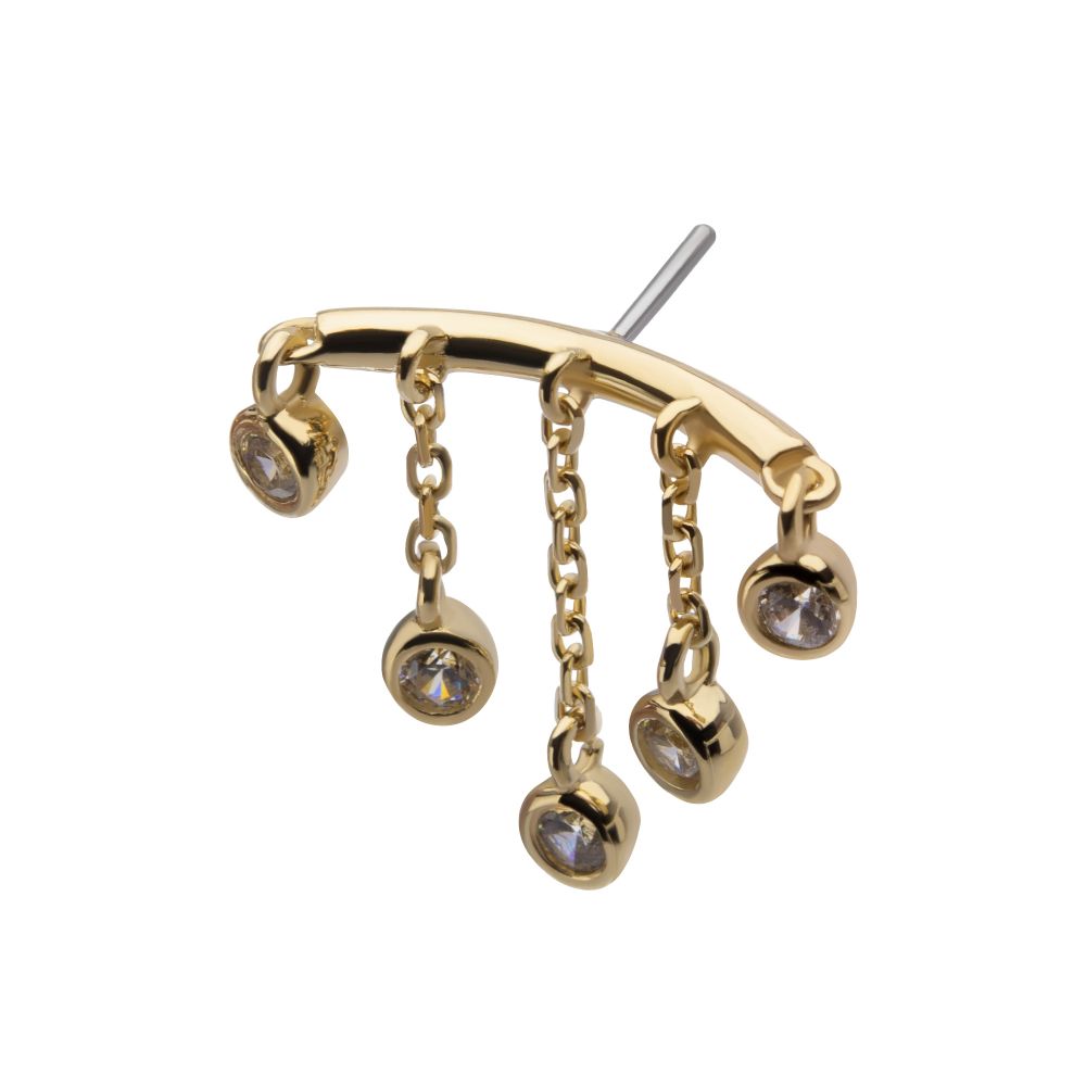 14KT YELLOW GOLD THREADLESS HIDDEN HELIX CURVED BAR TOP WITH 5-CHAIN & BEZEL SET GEM DANGLE
