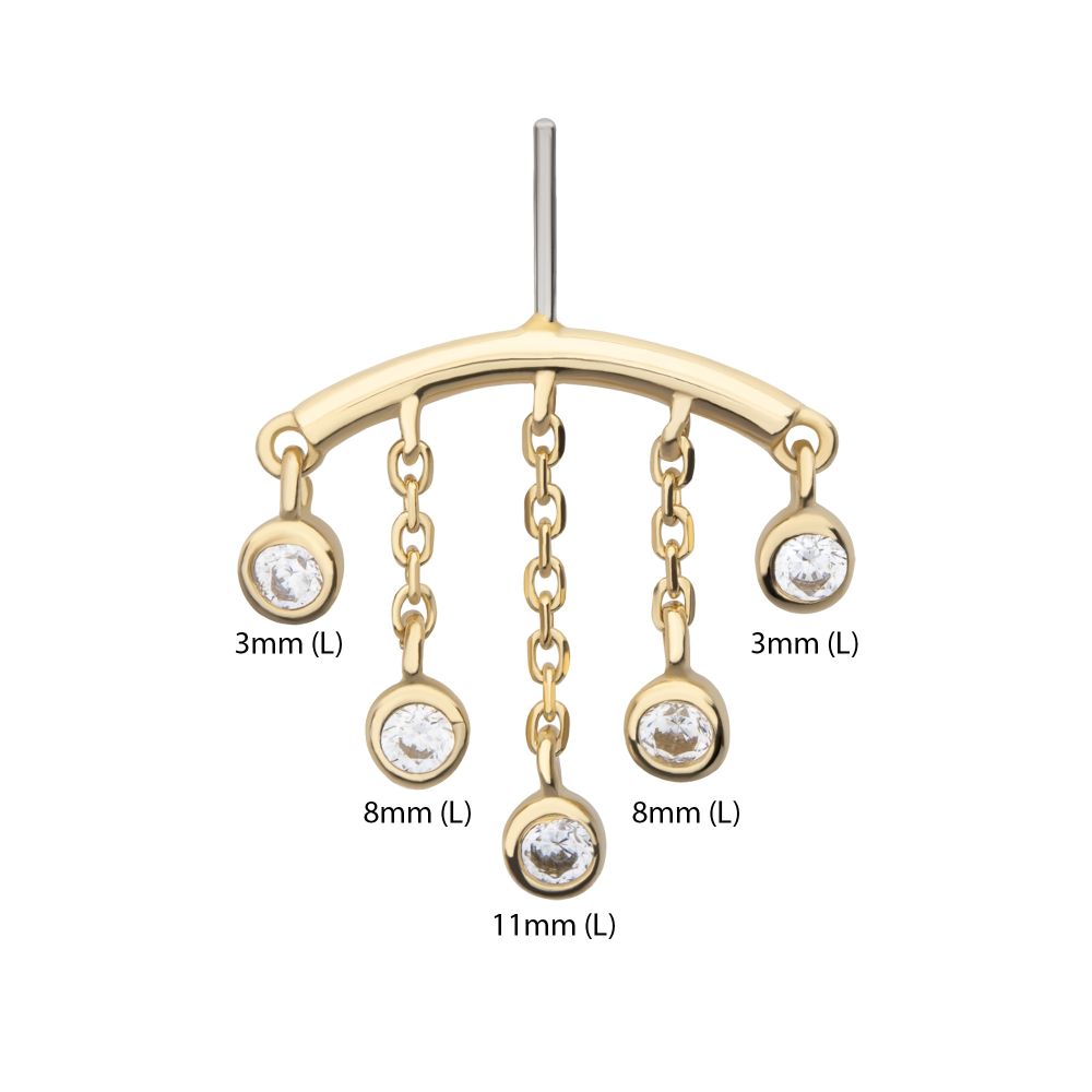 14KT YELLOW GOLD THREADLESS HIDDEN HELIX CURVED BAR TOP WITH 5-CHAIN & BEZEL SET GEM DANGLE