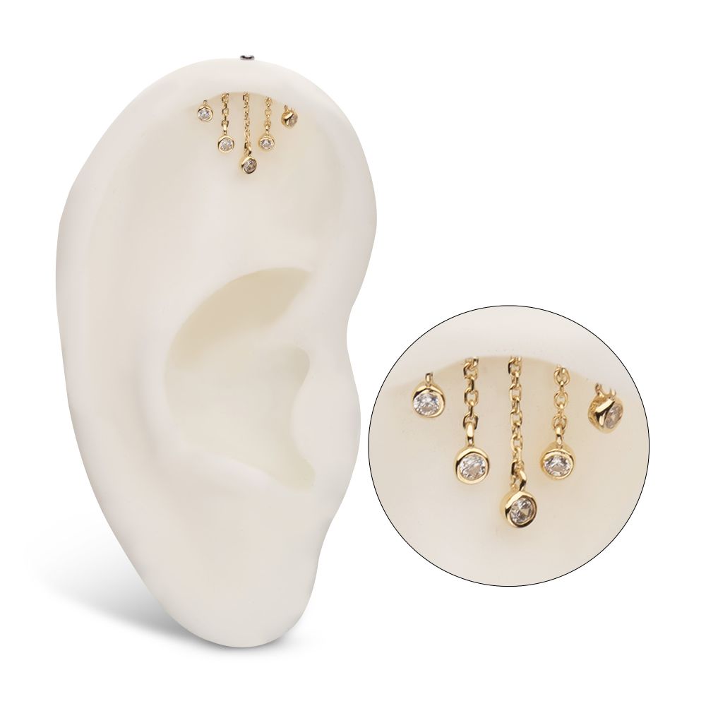 14KT YELLOW GOLD THREADLESS HIDDEN HELIX CURVED BAR TOP WITH 5-CHAIN & BEZEL SET GEM DANGLE