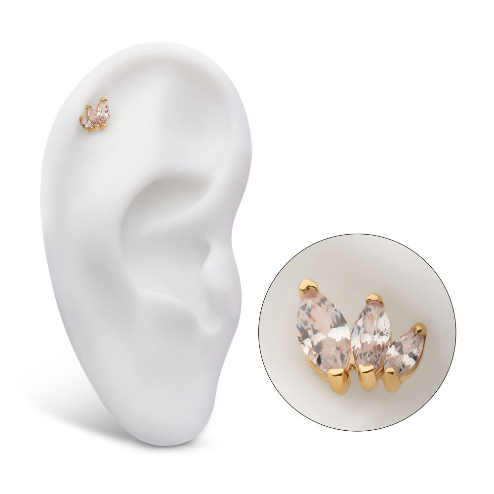 14KT YELLOW GOLD THREADLESS WITH DESCENDING SIZE MARQUISE CZ 3-CLUSTER TOP