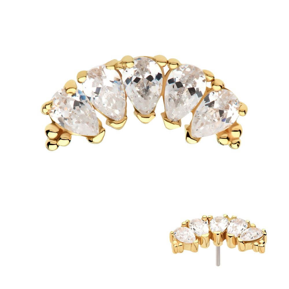 14KT YELLOW GOLD THREADLESS WITH TRI BEADS & TEARDROP CZ 5-CLUSTER TOP