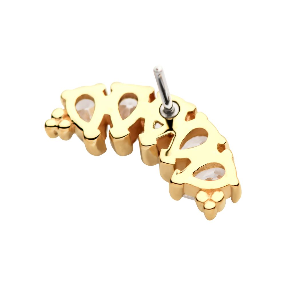 14KT YELLOW GOLD THREADLESS WITH TRI BEADS & TEARDROP CZ 5-CLUSTER TOP