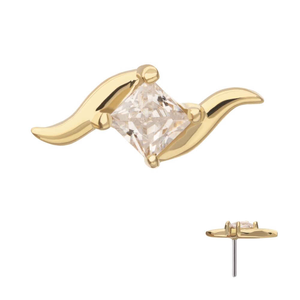 14KT YELLOW GOLD THREADLESS WAVE WITH PRONG SET PRINCESS CUT GEM TOP