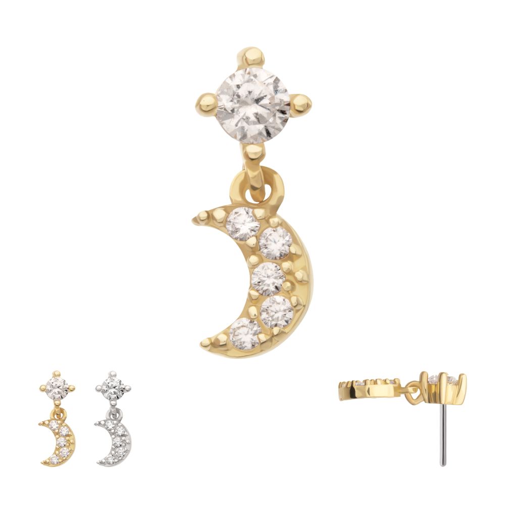 14KT GOLD THREADLESS 4-PRONG CZ 2MM GEM TOP WITH PAVE CZ GEM CRESCENT MOON TOP
