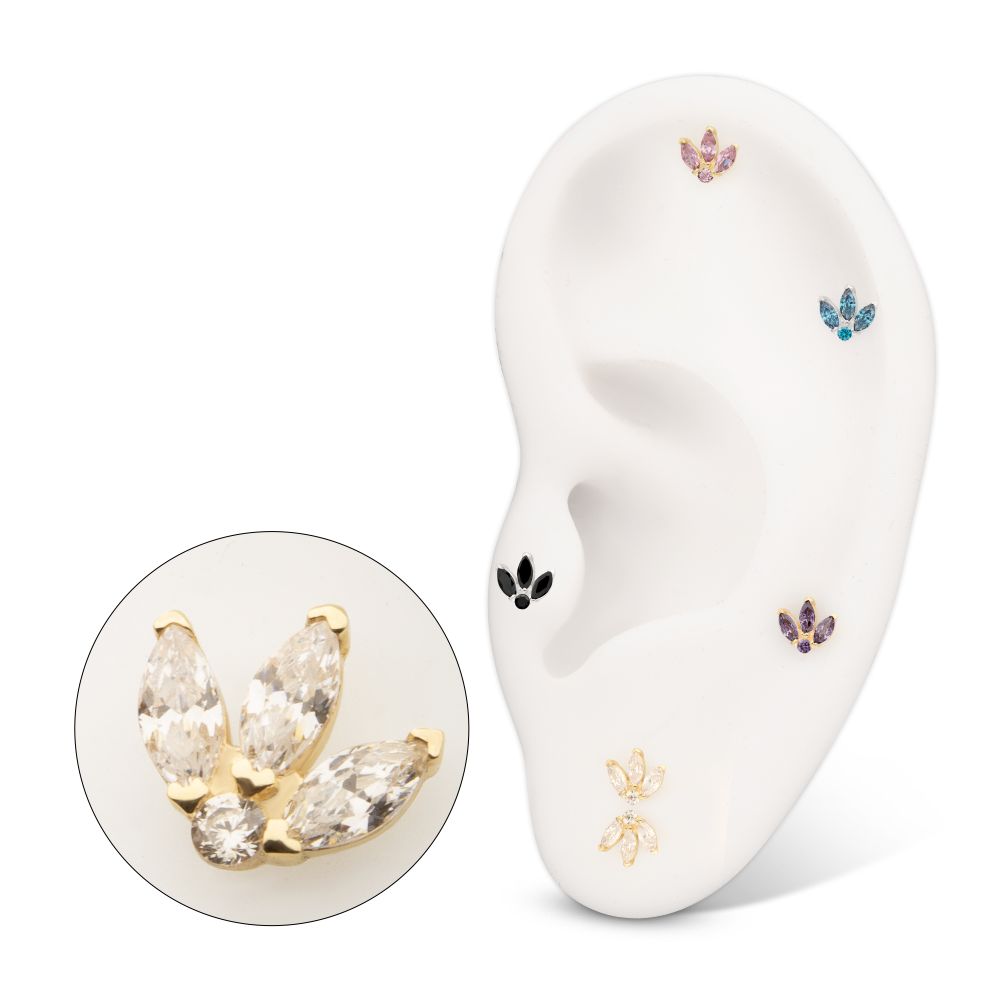 14KT GOLD THREADLESS MARQUISE FAN WITH CENTRAL ROUND CZ GEM TOP