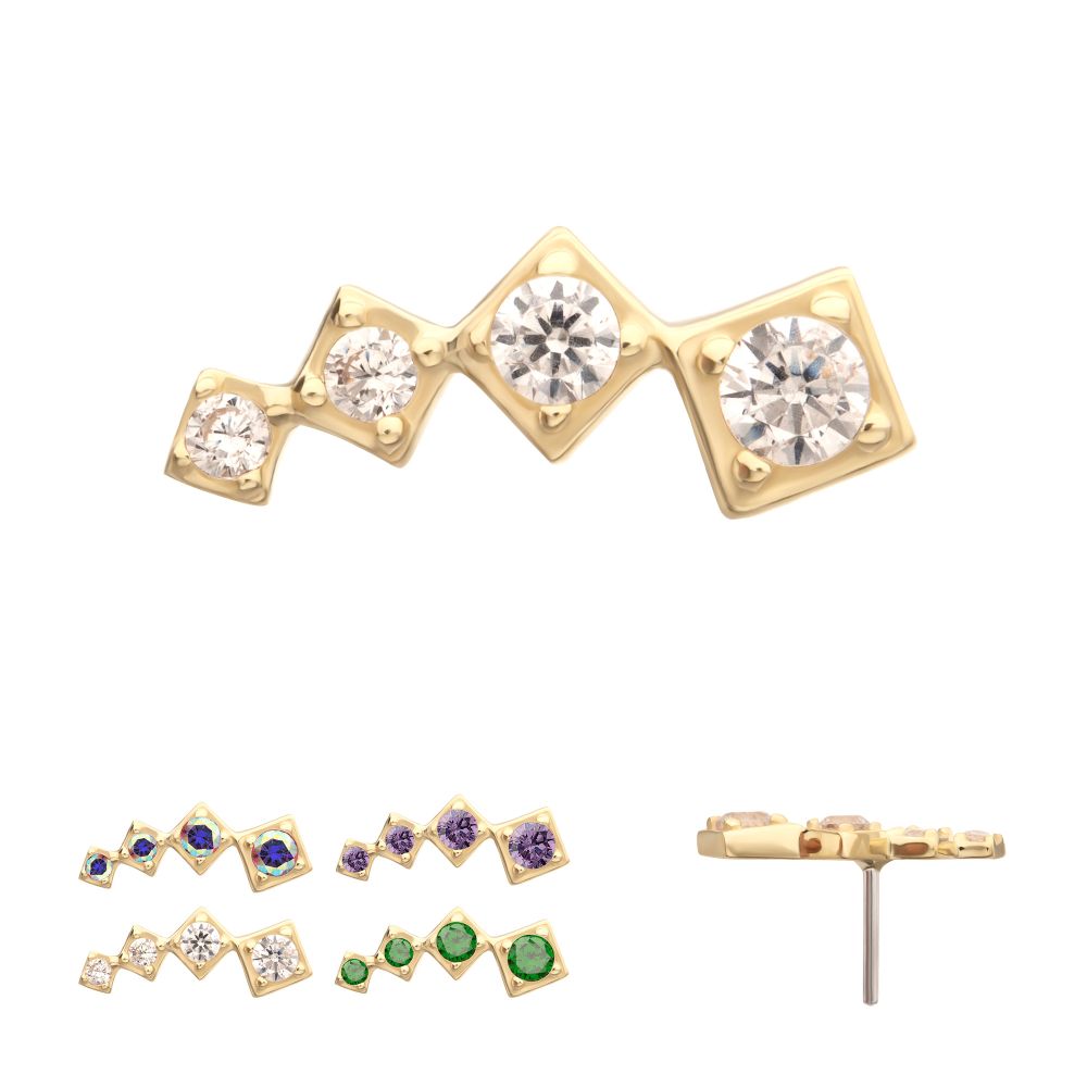 14KT YELLOW GOLD THREADLESS 4-CLUSTER STAGGERED SQUARE SHAPE TOP WITH PRONG SET GEM