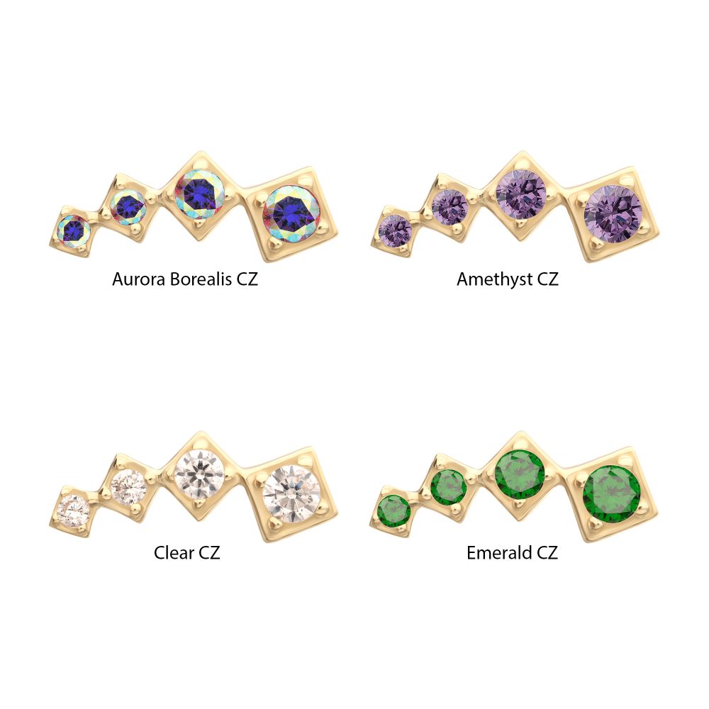 14KT YELLOW GOLD THREADLESS 4-CLUSTER STAGGERED SQUARE SHAPE TOP WITH PRONG SET GEM