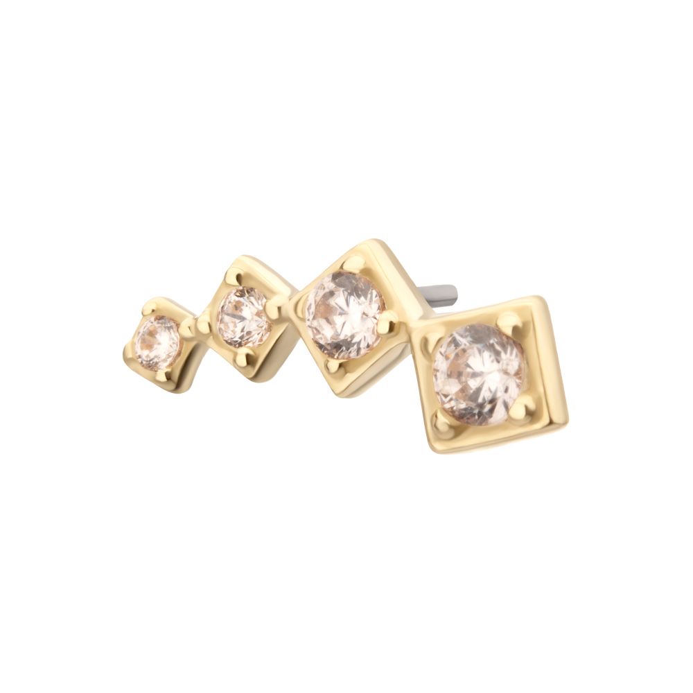 14KT YELLOW GOLD THREADLESS 4-CLUSTER STAGGERED SQUARE SHAPE TOP WITH PRONG SET GEM
