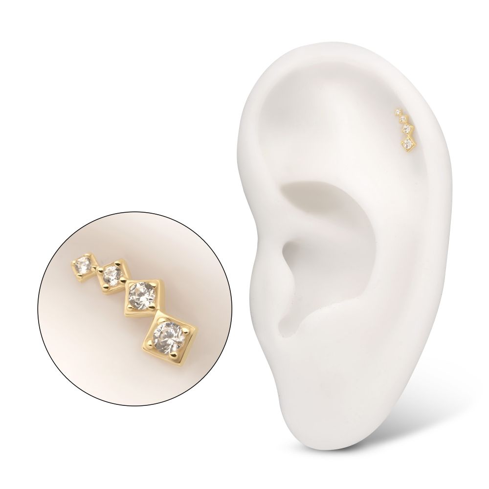 14KT YELLOW GOLD THREADLESS 4-CLUSTER STAGGERED SQUARE SHAPE TOP WITH PRONG SET GEM
