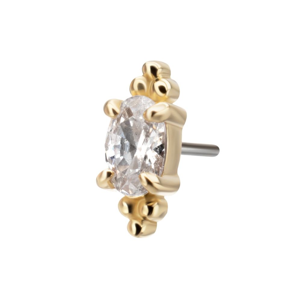 14KT YELLOW GOLD THREADLESS LOW PROFILE BEADED EDGE PRONG SET OVAL GEM TOP