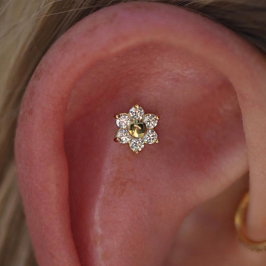GOLD PVD TITANIUM THREADLESS PRONG SET GEM 5-PETAL FLOWER TOP