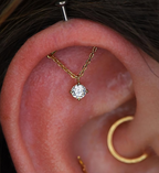 14KT GOLD THREADLESS VERTICAL HELIX CURVED BAR TOP WITH GEM CHAIN DANGLE