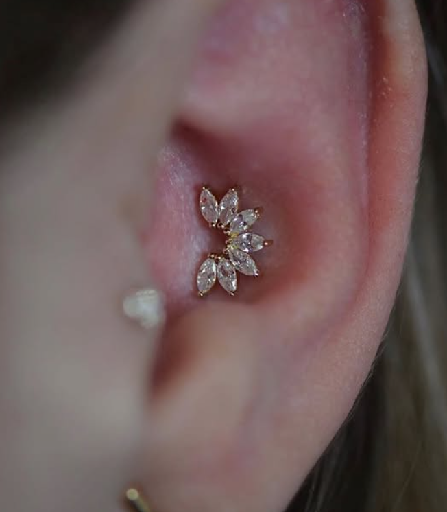 14KT YELLOW-GOLD THREADLESS PRONGED MARQUISE CZ FAN SHAPE CLUSTER TOP