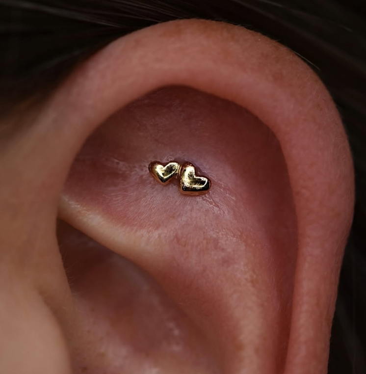 14KT YELLOW GOLD THREADLESS DOUBLE PUFFY HEART TOP