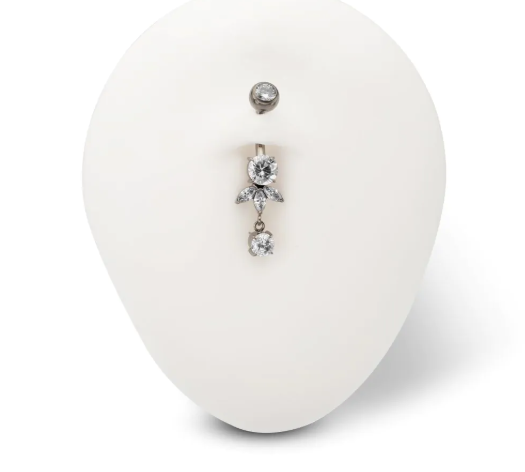 TITANIUM INTERNALLY THREADED TRIPLE MARQUISE GEM FAN WITH FLOATING ROUND GEM DANGLE NAVEL