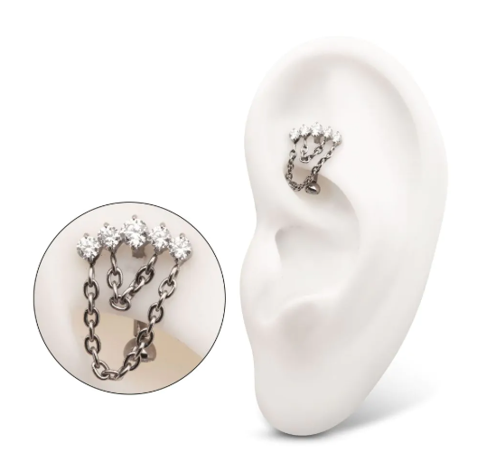 TITANIUM INTERNALLY THREADED 5-CLUSTER PROM GEM FIXED TOP CURVED BARBELL WITH 2 TIER CHAIN DANGLE