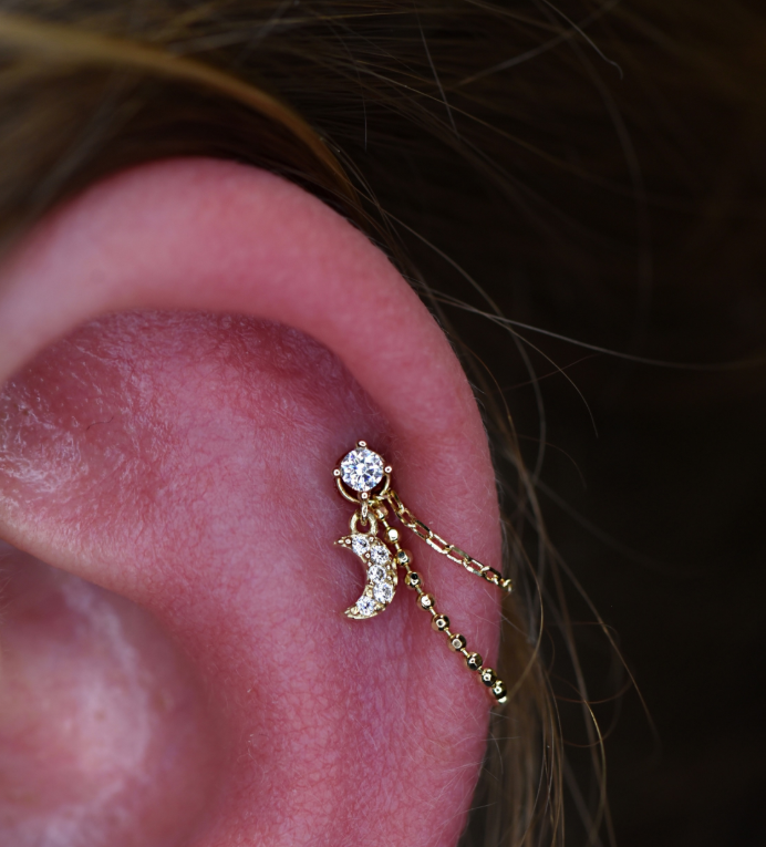 14KT GOLD THREADLESS 4-PRONG CZ 2MM GEM TOP WITH PAVE CZ GEM CRESCENT MOON TOP