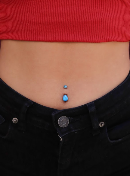 TITANIUM INTERNALLY THREADED WITH PRONG SET AAA CZ & SYNTHETIC OPAL FLOWER TOP AND TEARDROP BOTTOM FIXED NAVEL