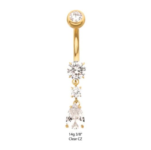 GOLD NAVEL JEWEL WITH WHITE ZIRCON & TEARDROP DANGLE