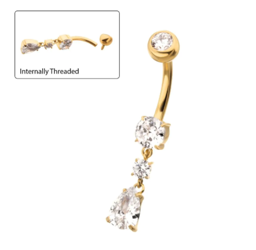 GOLD NAVEL JEWEL WITH WHITE ZIRCON & TEARDROP DANGLE