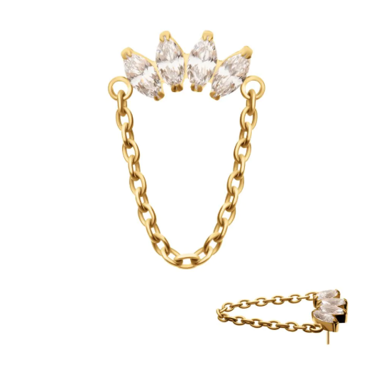 GOLD 4-MARQUISE PRONG GEM CLUSTER TOP WITH CHAIN DANGLE