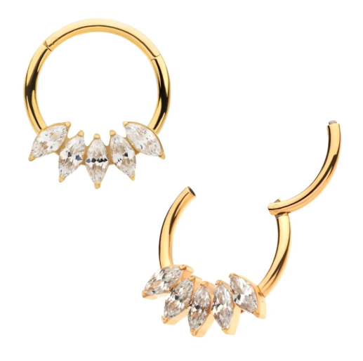 GOLD PVD HINGED HOOP WITH 5-ZIRCON LEAF DESIGN