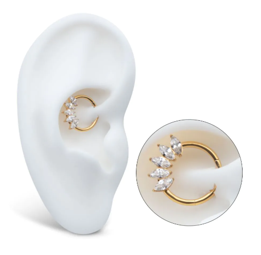 GOLD PVD HINGED HOOP WITH 5-ZIRCON LEAF DESIGN