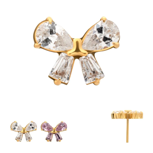 GOLD PVD TITANIUM THREADLESS BOW TOP WITH PRONG SET MARQUISE & BAGUETTE GEM