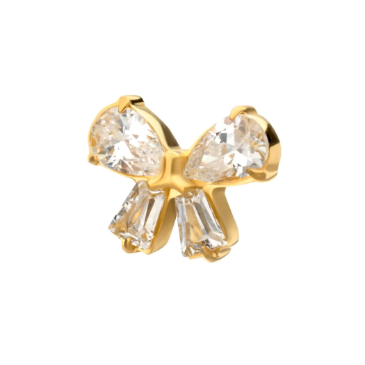 GOLD PVD TITANIUM THREADLESS BOW TOP WITH PRONG SET MARQUISE & BAGUETTE GEM