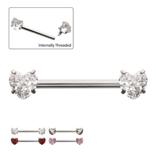 TITANIUM INTERNALLY THREADED PRONG SET HEART CZ NIPPLE BARBELL