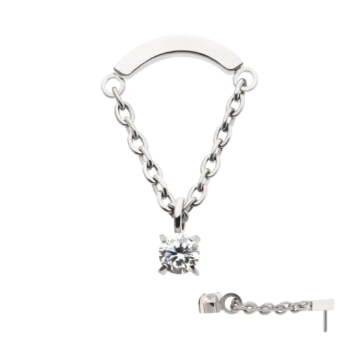 TITANIUM THREADLESS CURVED BAR TOP WITH DANGLE CHAIN & PRONG SET ROUND AAA CZ
