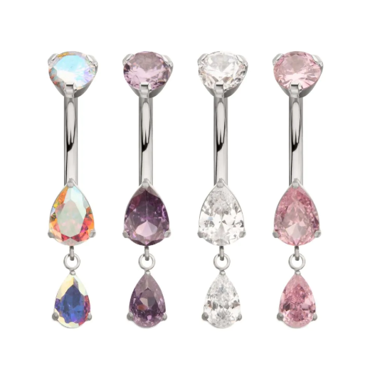 TITANIUM INTERNALLY THREADED DOUBLE TEARDROP PRONG SET GEM DANGLE NAVEL