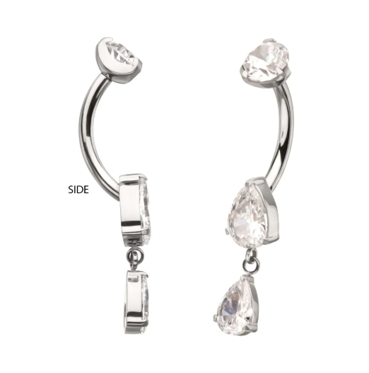 TITANIUM INTERNALLY THREADED DOUBLE TEARDROP PRONG SET GEM DANGLE NAVEL