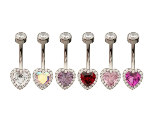 TITANIUM INTERNALLY THREADED RADIANT HEART HALO WITH CLEAR GEM EDGE FIXED BOTTOM NAVEL