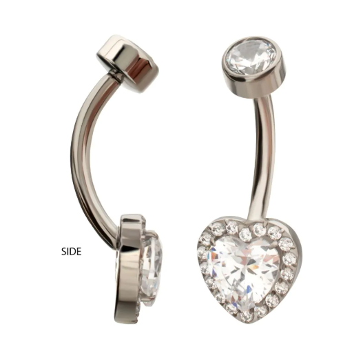 TITANIUM INTERNALLY THREADED RADIANT HEART HALO WITH CLEAR GEM EDGE FIXED BOTTOM NAVEL