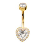 GOLD PVD TITANIUM RADIANT HEART HALO WITH CLEAR GEM EDGE FIXED BOTTOM NAVEL